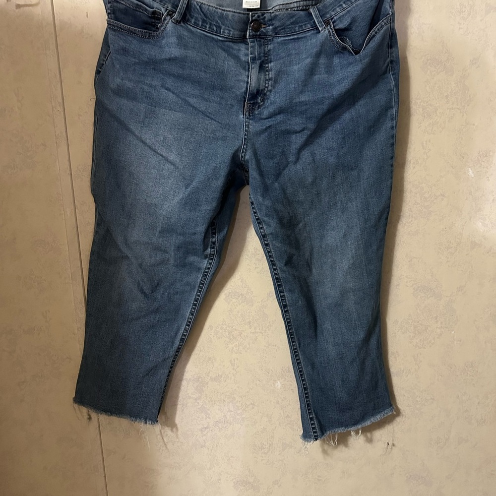 Blue Cropped Jeans with Raw Hem